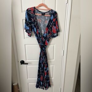 Matrushka Construction Scarlet Wrap Dress - Large - Blue & Red Floral